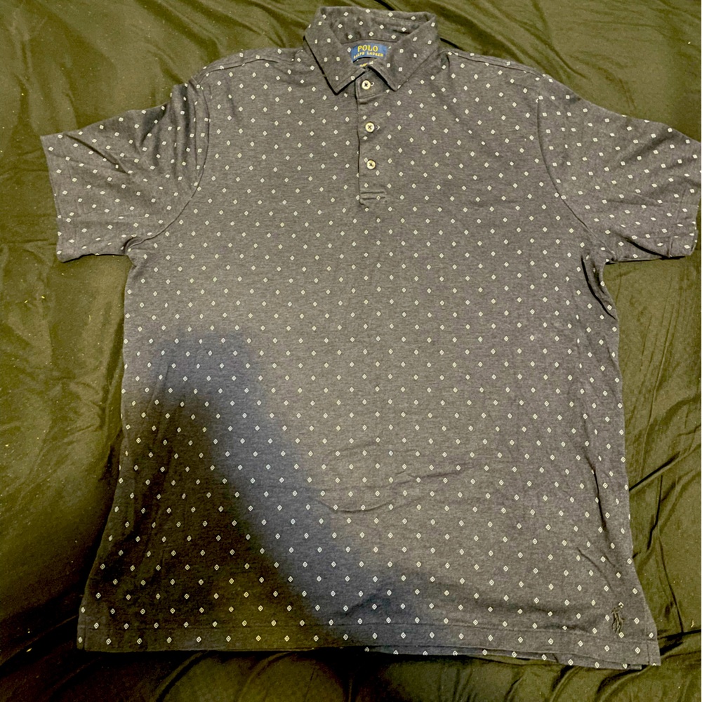 . Ralph Lauren Navy Diamond Print Button Up Polo Shirt.